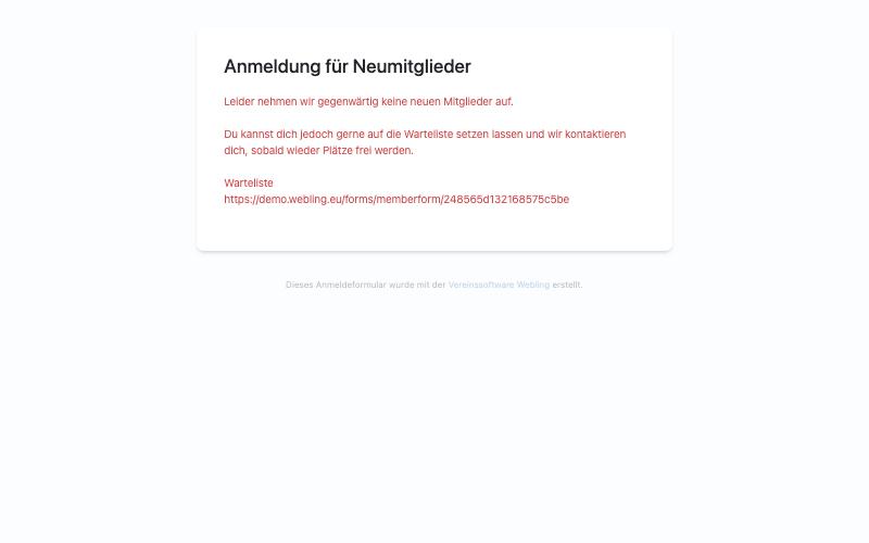 So sieht das Anmeldeformular während des Aufnahmestopps aus